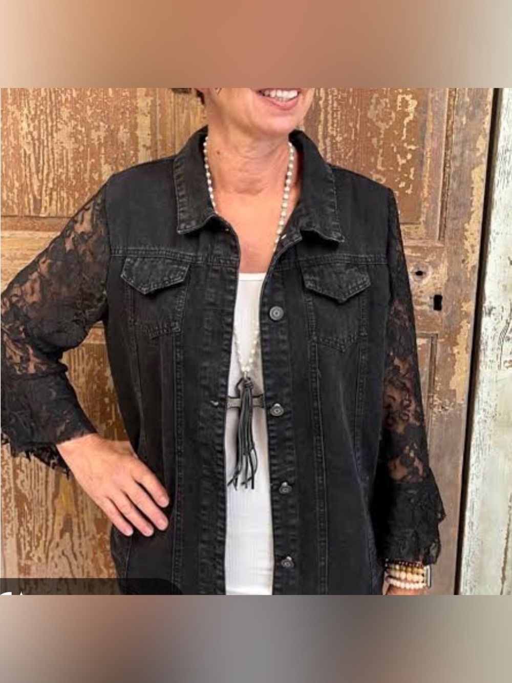 Origami Black Denim shirt / jacket w/ lace sleeves. Western, bohemian, vintage M